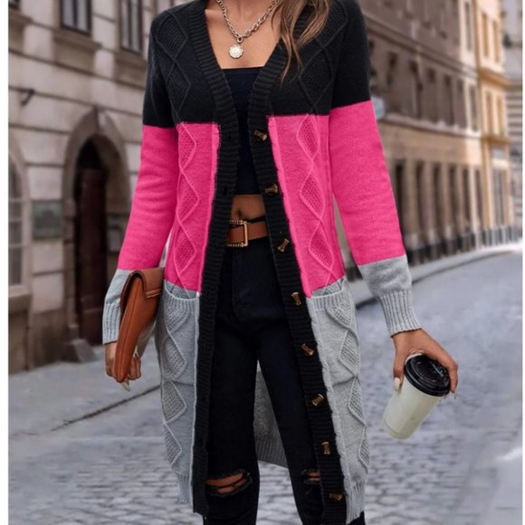 striped multi color  button down Long Knit sweater Cardigan - Picture 1 of 6